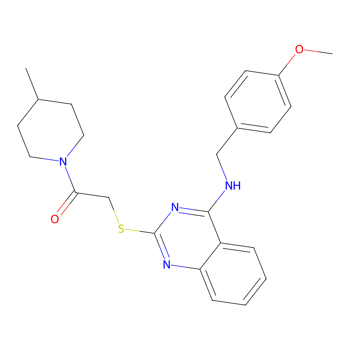2-((4-((4-Methoxybenzyl)amino)quinazolin-2-yl)thio)-1-(4-methylpiperidin-1-yl)ethanone molecular structure, CAS 688355-48-8