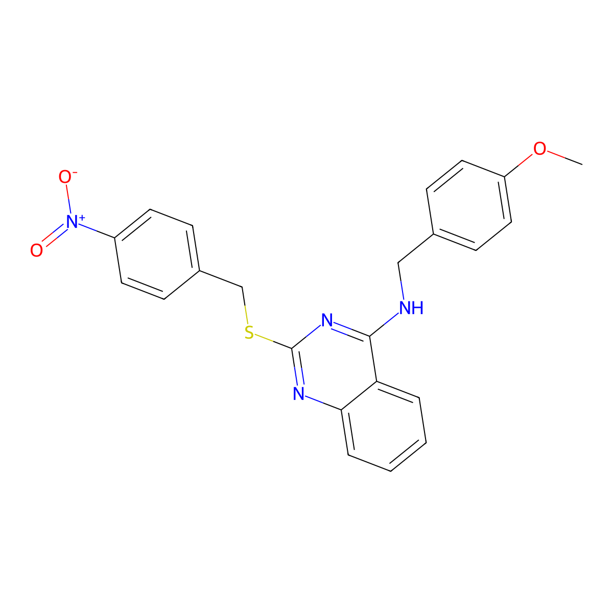N-[(4-methoxyphenyl)methyl]-2-[(4-nitrophenyl)methylsulfanyl]quinazolin-4-amine molecular structure, CAS 688355-49-9