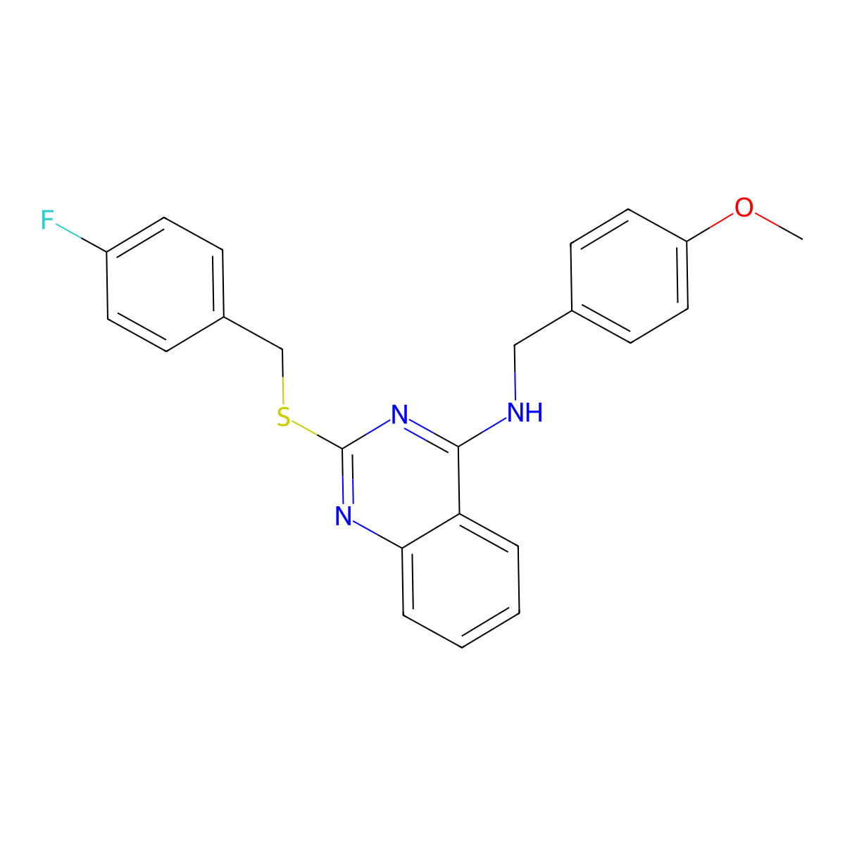 2-[(4-fluorophenyl)methylsulfanyl]-N-[(4-methoxyphenyl)methyl]quinazolin-4-amine molecular structure, CAS 688355-50-2