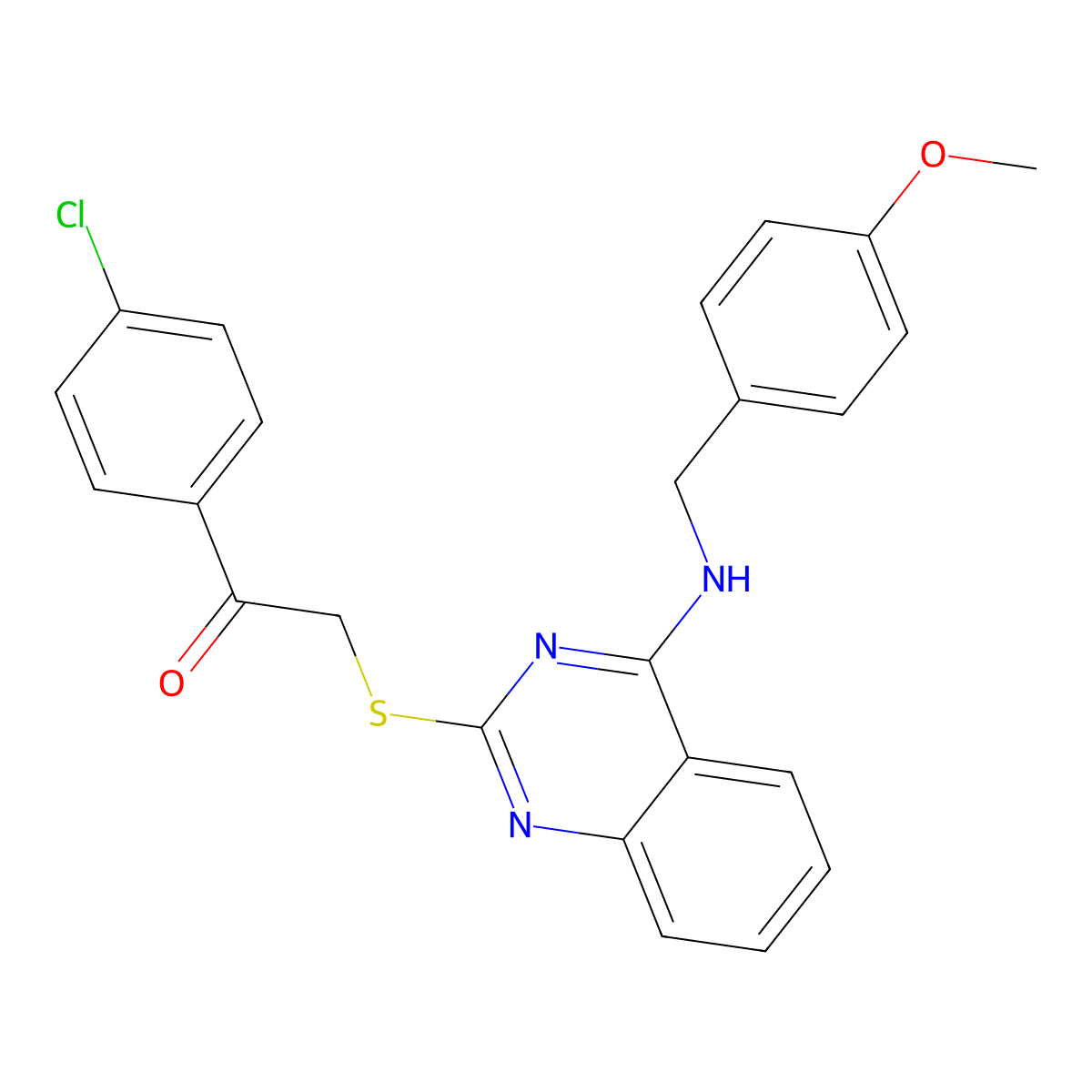 1-(4-Chlorophenyl)-2-((4-((4-methoxybenzyl)amino)quinazolin-2-yl)thio)ethanone molecular structure, CAS 688355-53-5