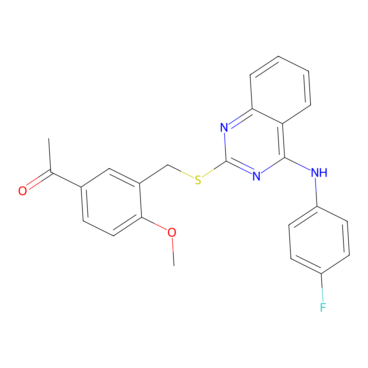 1-[3-[[4-(4-Fluoroanilino)quinazolin-2-yl]sulfanylmethyl]-4-methoxyphenyl]ethanone molecular structure, CAS 688355-57-9