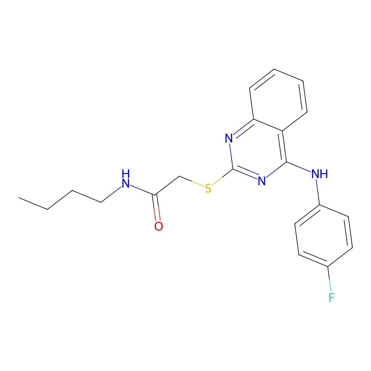 N-butyl-2-[4-(4-fluoroanilino)quinazolin-2-yl]sulfanylacetamide molecular structure, CAS 688355-60-4