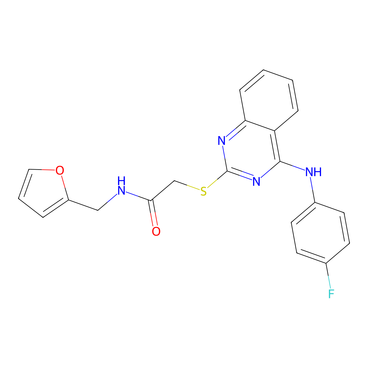 2-[4-(4-fluoroanilino)quinazolin-2-yl]sulfanyl-N-(furan-2-ylmethyl)acetamide molecular structure, CAS 688355-61-5