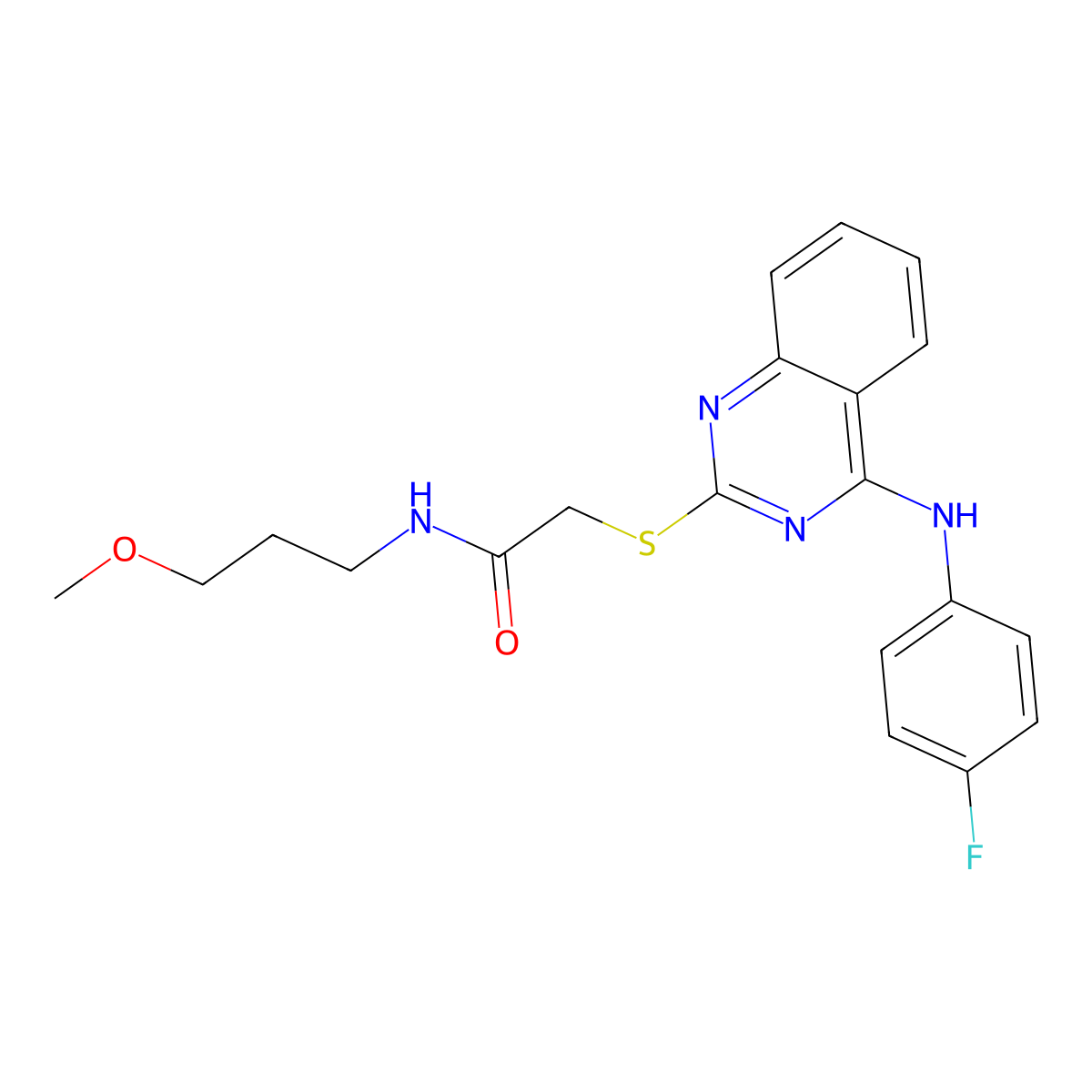 2-[4-(4-fluoroanilino)quinazolin-2-yl]sulfanyl-N-(3-methoxypropyl)acetamide molecular structure, CAS 688355-65-9