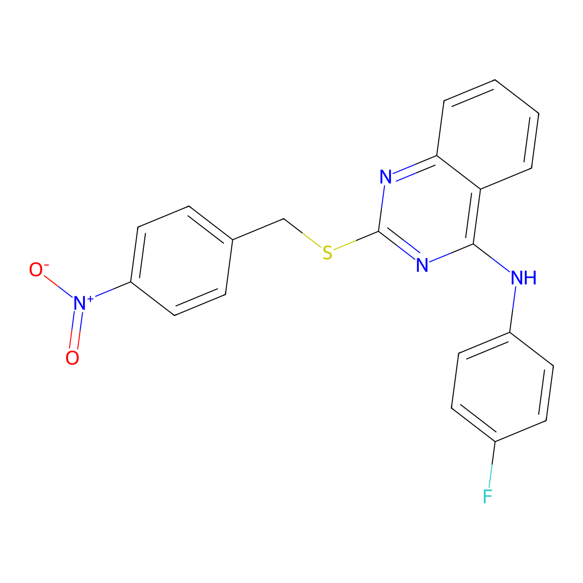 N-(4-fluorophenyl)-2-((4-nitrobenzyl)thio)quinazolin-4-amine molecular structure, CAS 688355-68-2