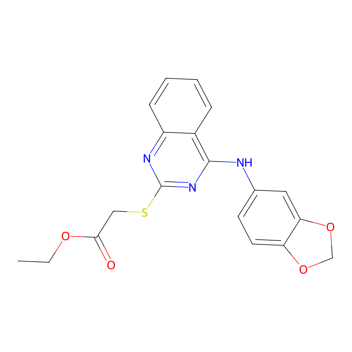 Ethyl 2-[4-(1,3-benzodioxol-5-ylamino)quinazolin-2-yl]sulfanylacetate molecular structure, CAS 688355-90-0