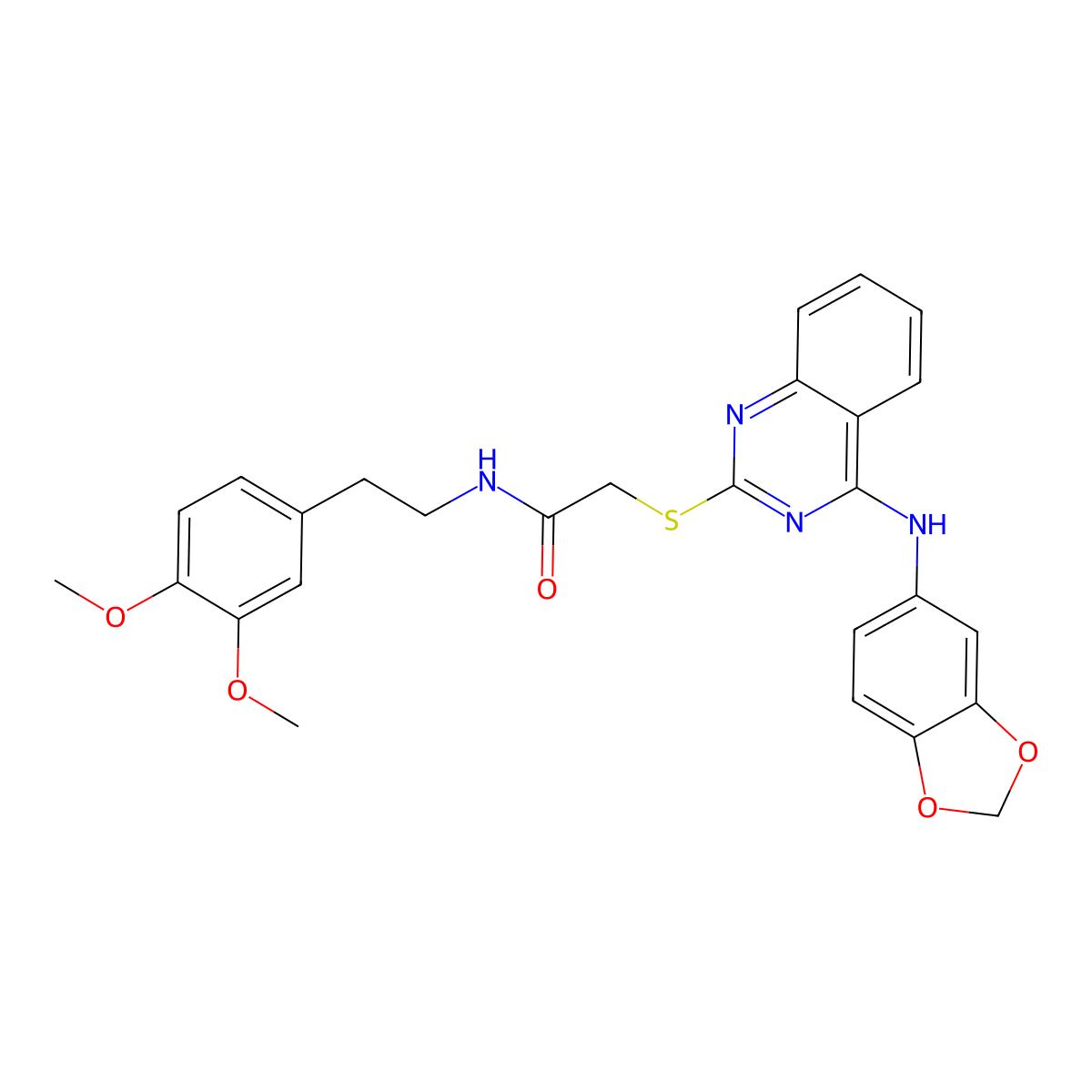 2-((4-(benzo[d][1,3]dioxol-5-ylamino)quinazolin-2-yl)thio)-N-(3,4-dimethoxyphenethyl)acetamide molecular structure, CAS 688355-91-1