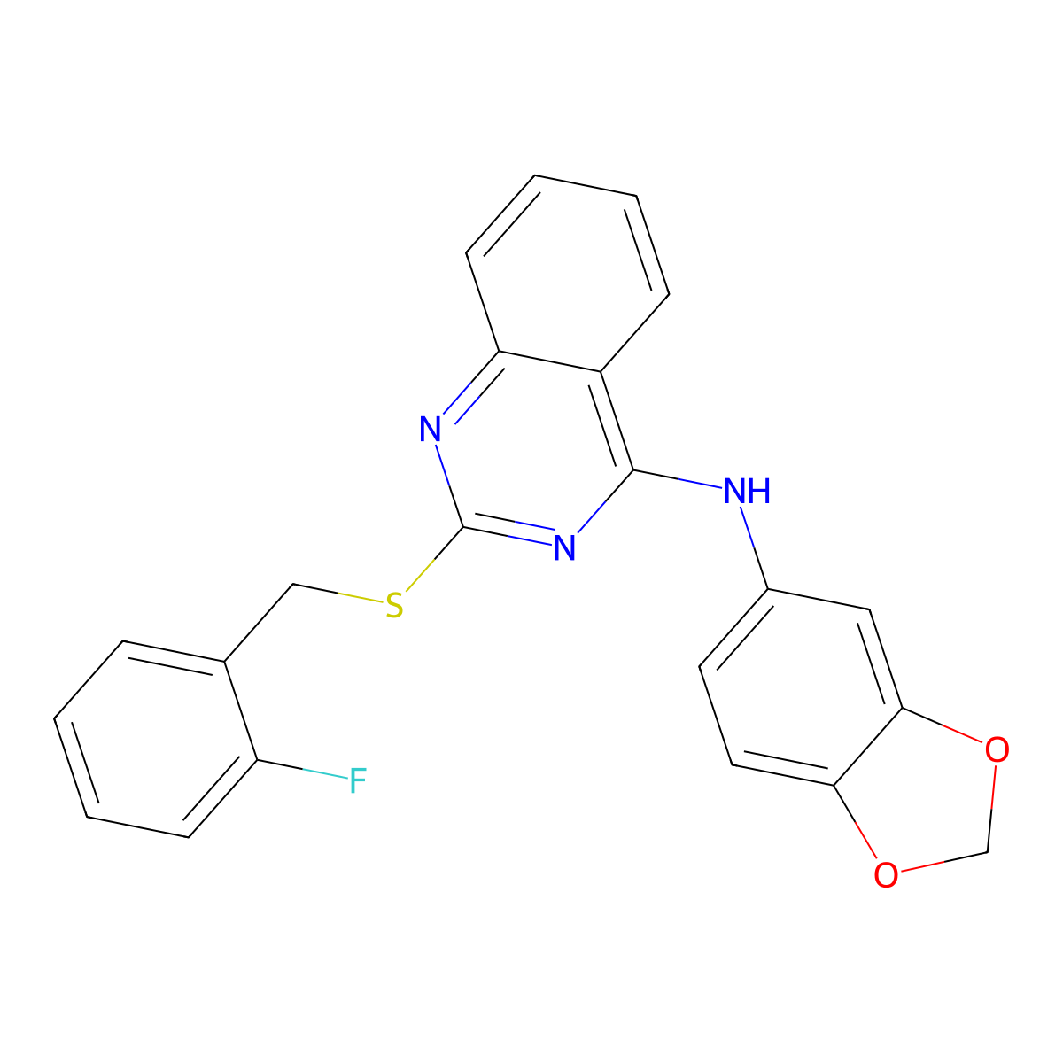 N-(1,3-benzodioxol-5-yl)-2-[(2-fluorophenyl)methylsulfanyl]quinazolin-4-amine molecular structure, CAS 688355-92-2