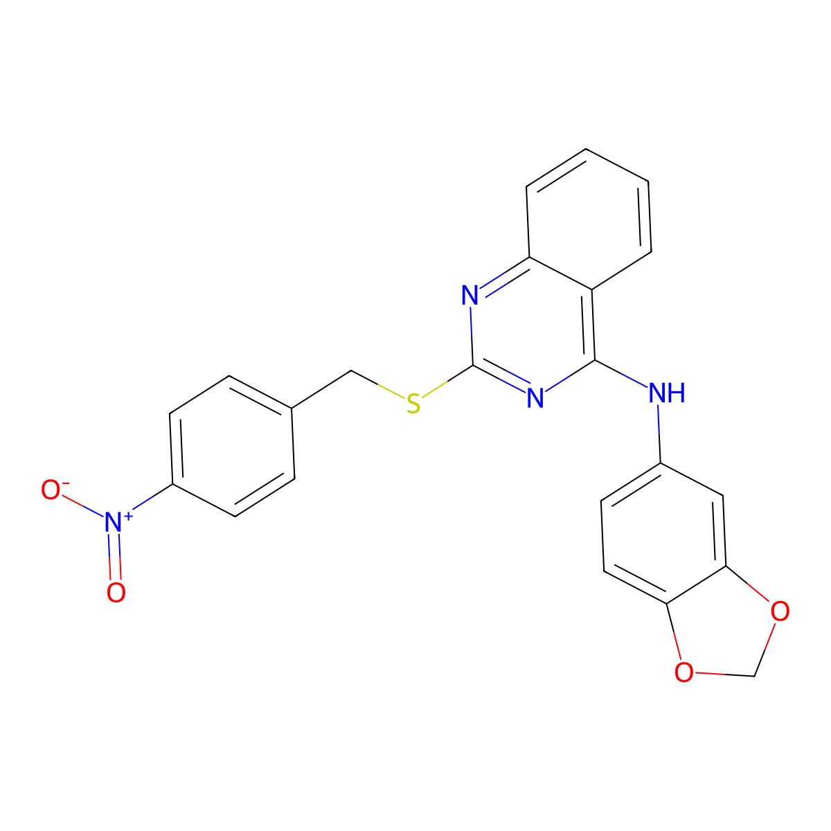 N-(1,3-benzodioxol-5-yl)-2-[(4-nitrophenyl)methylsulfanyl]quinazolin-4-amine molecular structure, CAS 688355-93-3