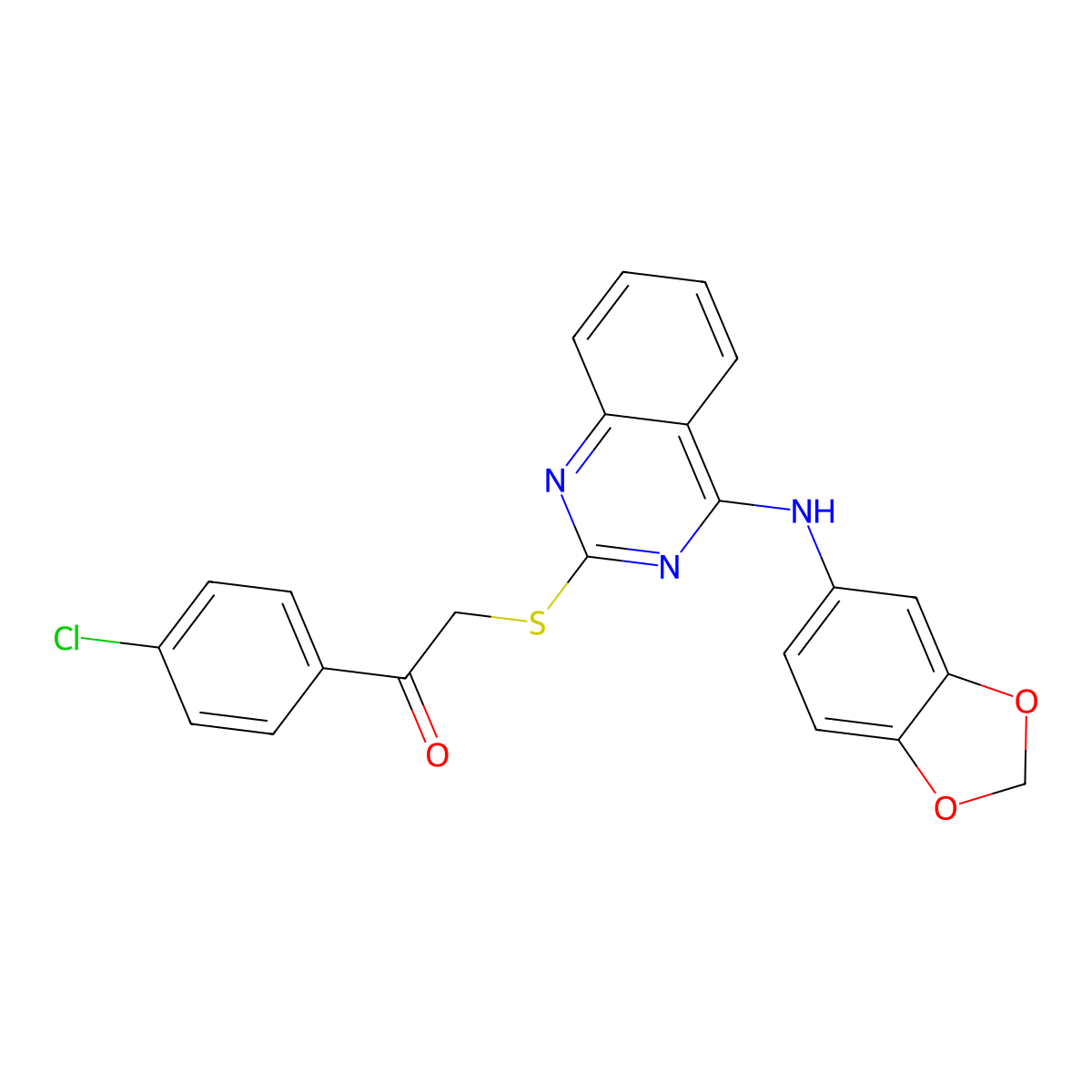 2-[4-(1,3-Benzodioxol-5-ylamino)quinazolin-2-yl]sulfanyl-1-(4-chlorophenyl)ethanone molecular structure, CAS 688355-94-4