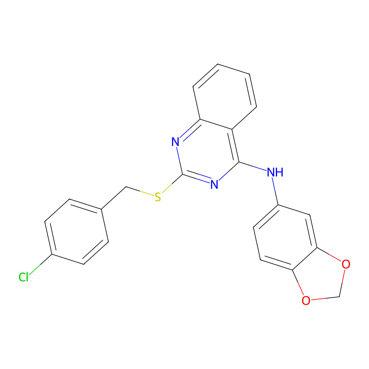 N-(1,3-benzodioxol-5-yl)-2-[(4-chlorophenyl)methylsulfanyl]quinazolin-4-amine molecular structure, CAS 688355-95-5