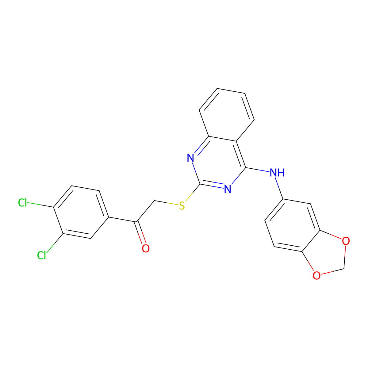 2-[4-(1,3-Benzodioxol-5-ylamino)quinazolin-2-yl]sulfanyl-1-(3,4-dichlorophenyl)ethanone molecular structure, CAS 688355-97-7