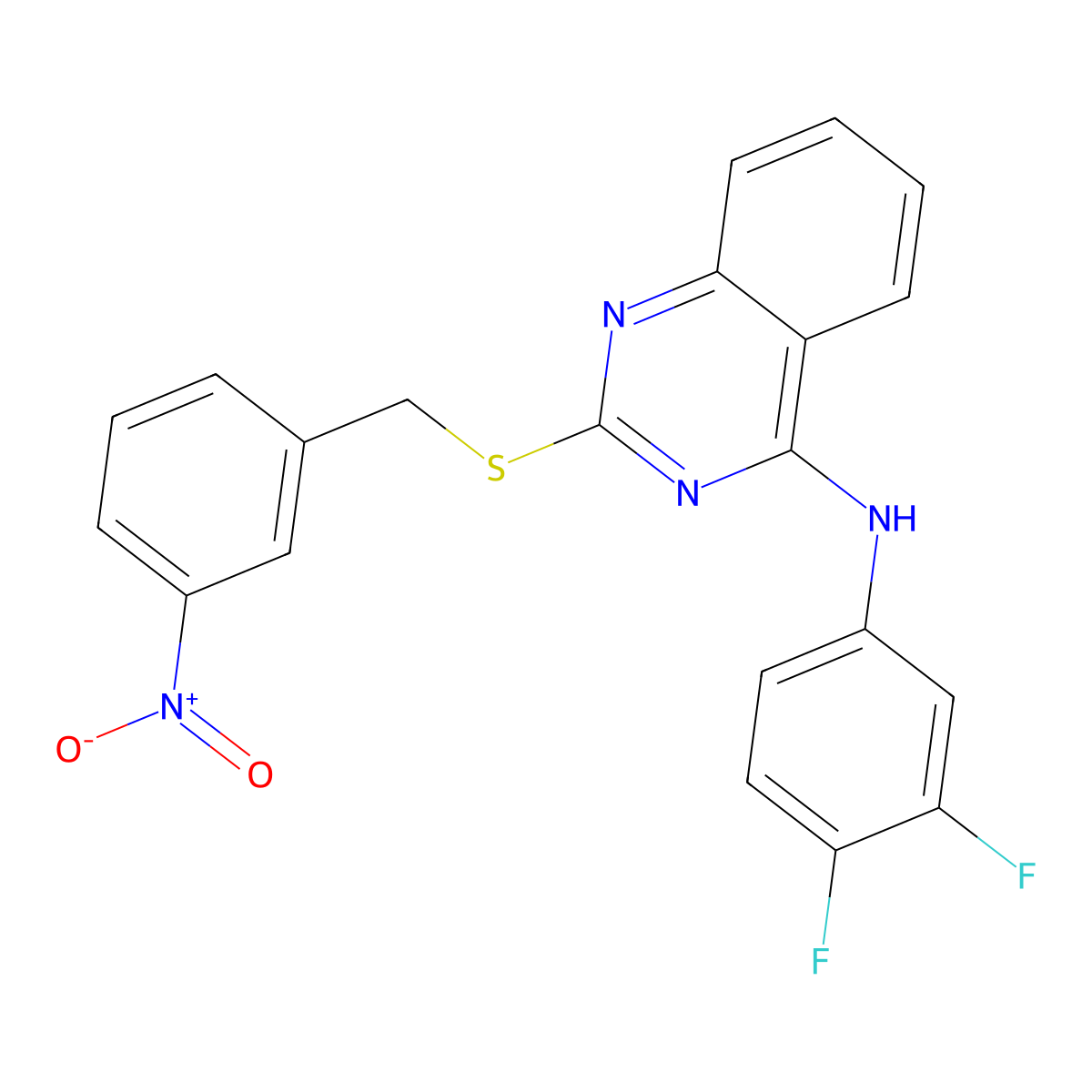 N-(3,4-difluorophenyl)-2-[(3-nitrophenyl)methylsulfanyl]quinazolin-4-amine molecular structure, CAS 688356-06-1