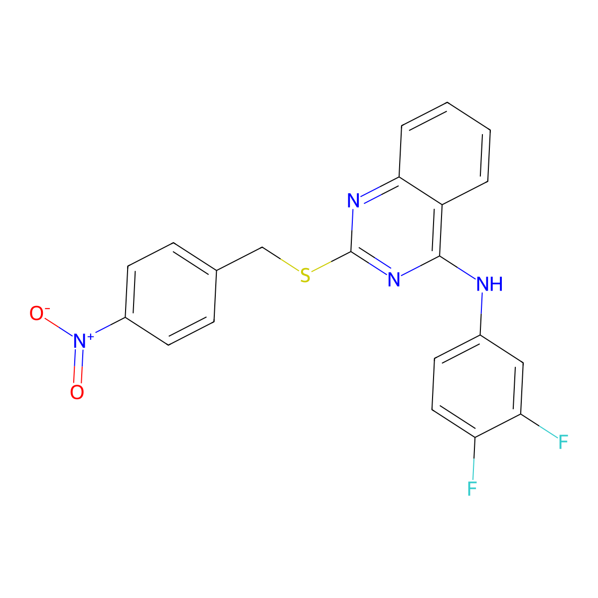 N-(3,4-difluorophenyl)-2-[(4-nitrophenyl)methylsulfanyl]quinazolin-4-amine molecular structure, CAS 688356-07-2