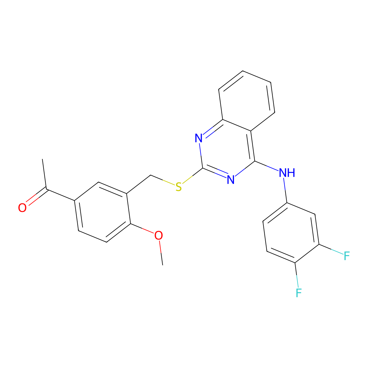 1-[3-[[4-(3,4-Difluoroanilino)quinazolin-2-yl]sulfanylmethyl]-4-methoxyphenyl]ethanone molecular structure, CAS 688356-08-3