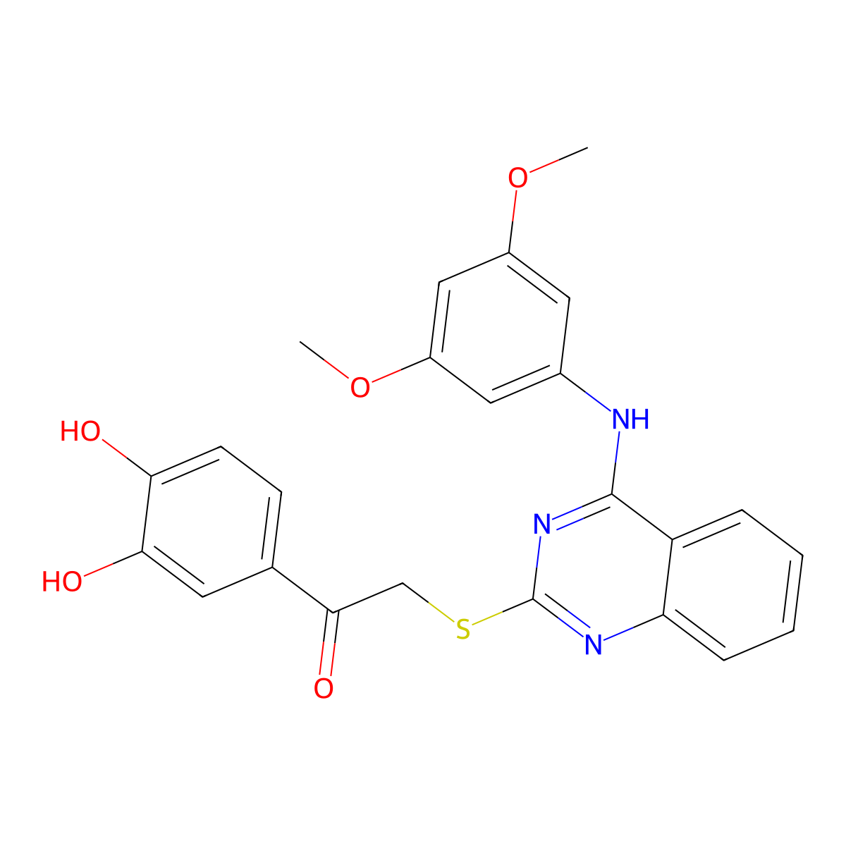 1-(3,4-Dihydroxyphenyl)-2-[4-(3,5-dimethoxyanilino)quinazolin-2-yl]sulfanylethanone molecular structure, CAS 688356-22-1