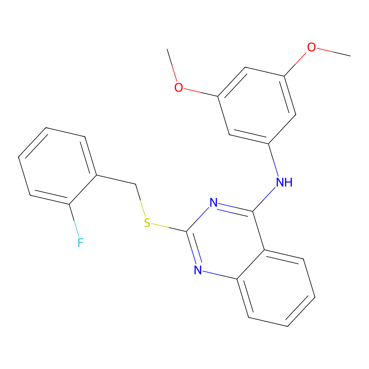 N-(3,5-dimethoxyphenyl)-2-[(2-fluorophenyl)methylsulfanyl]quinazolin-4-amine molecular structure, CAS 688356-24-3