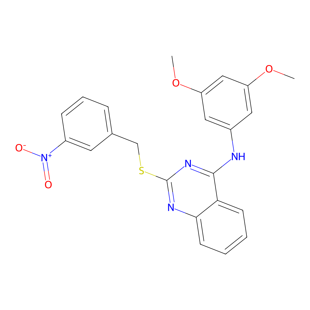 N-(3,5-dimethoxyphenyl)-2-[(3-nitrophenyl)methylsulfanyl]quinazolin-4-amine molecular structure, CAS 688356-30-1