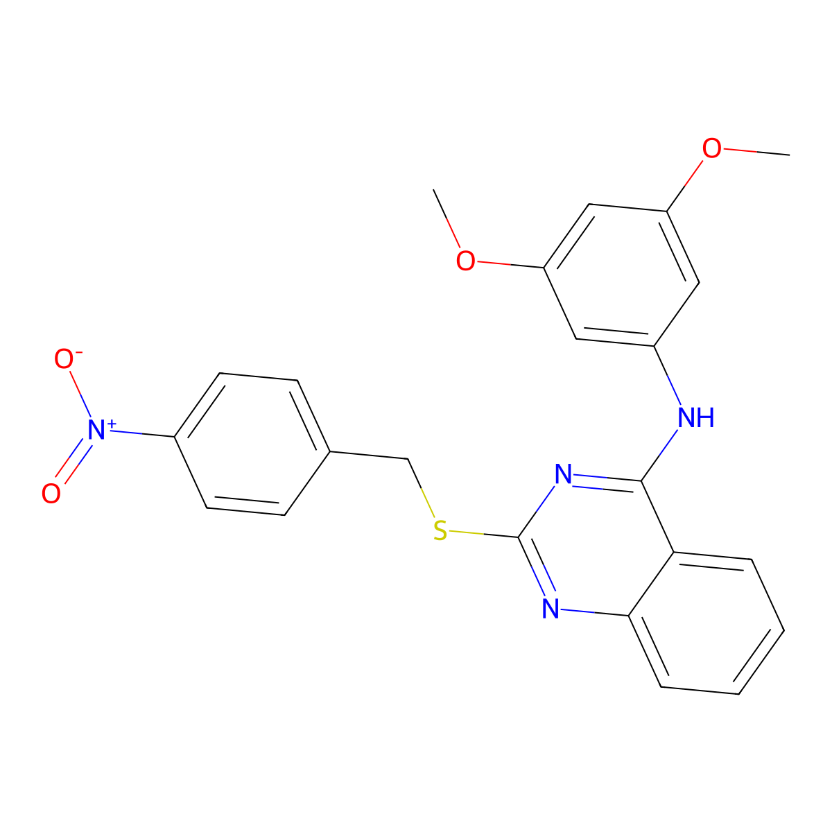 N-(3,5-dimethoxyphenyl)-2-[(4-nitrophenyl)methylsulfanyl]quinazolin-4-amine molecular structure, CAS 688356-31-2