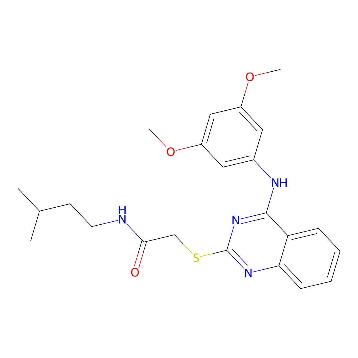 2-((4-((3,5-dimethoxyphenyl)amino)quinazolin-2-yl)thio)-N-isopentylacetamide molecular structure, CAS 688356-36-7