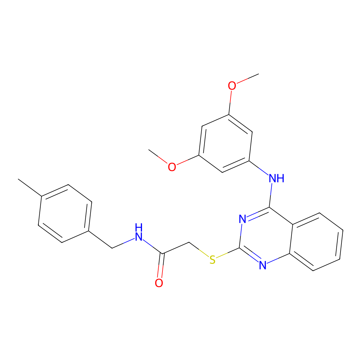 2-((4-((3,5-dimethoxyphenyl)amino)quinazolin-2-yl)thio)-N-(4-methylbenzyl)acetamide molecular structure, CAS 688356-43-6