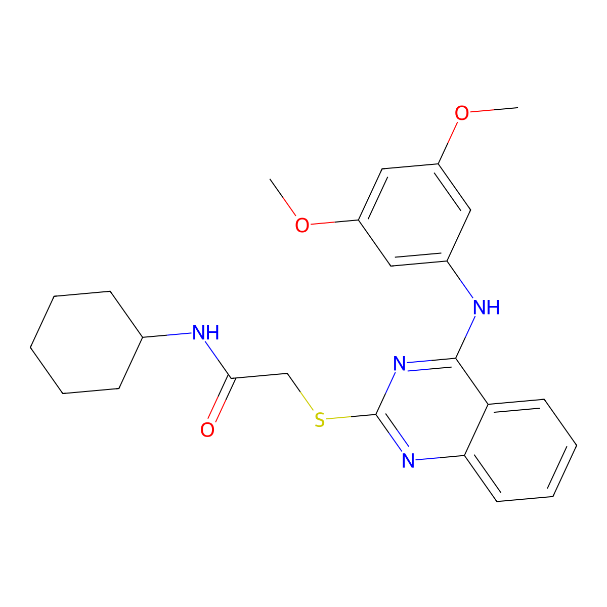 N-cyclohexyl-2-[4-(3,5-dimethoxyanilino)quinazolin-2-yl]sulfanylacetamide molecular structure, CAS 688356-46-9