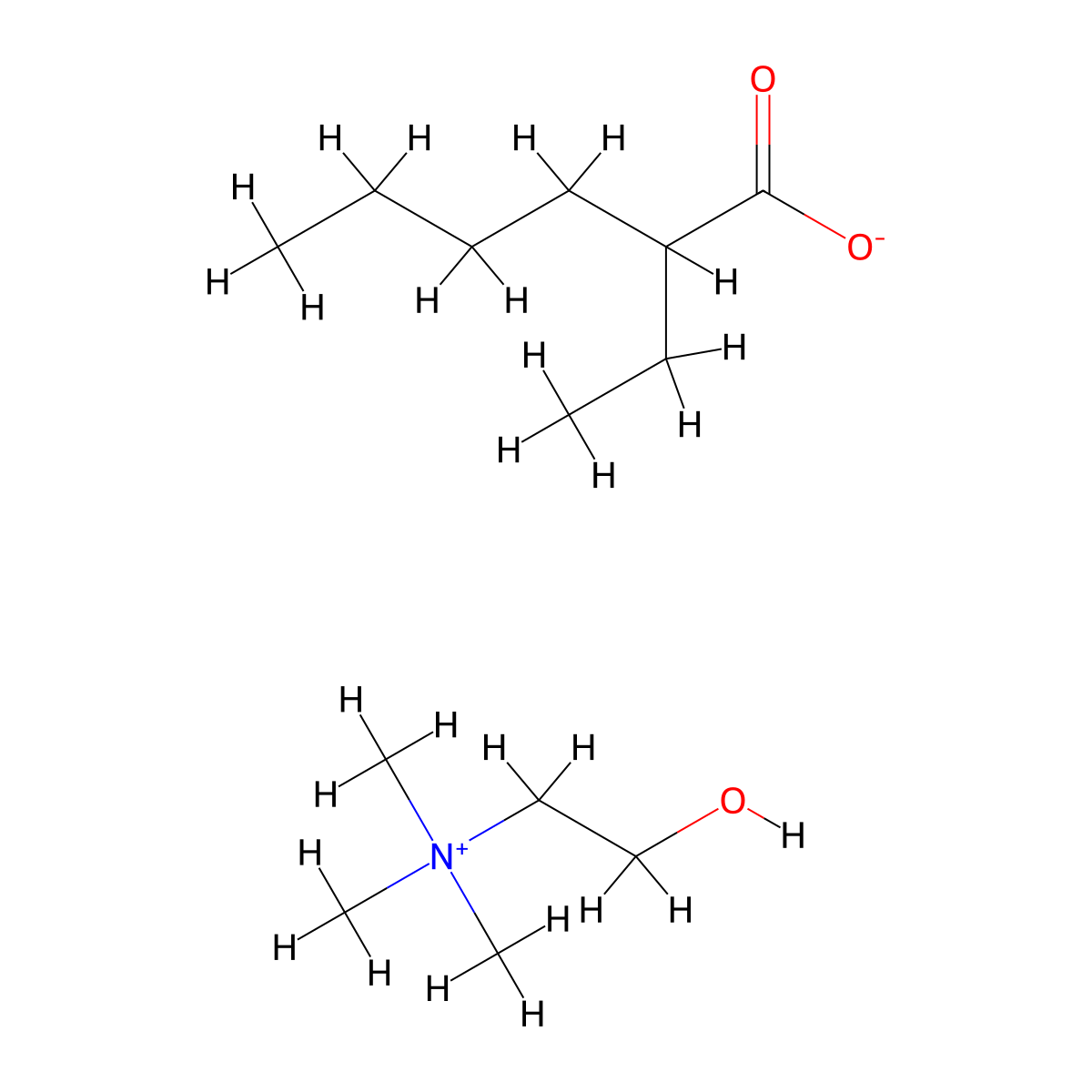 Ethanaminium, 2-hydroxy-N,N,N-trimethyl-, 2-ethylhexanoate (1:1) molecular structure, CAS 68856-36-0