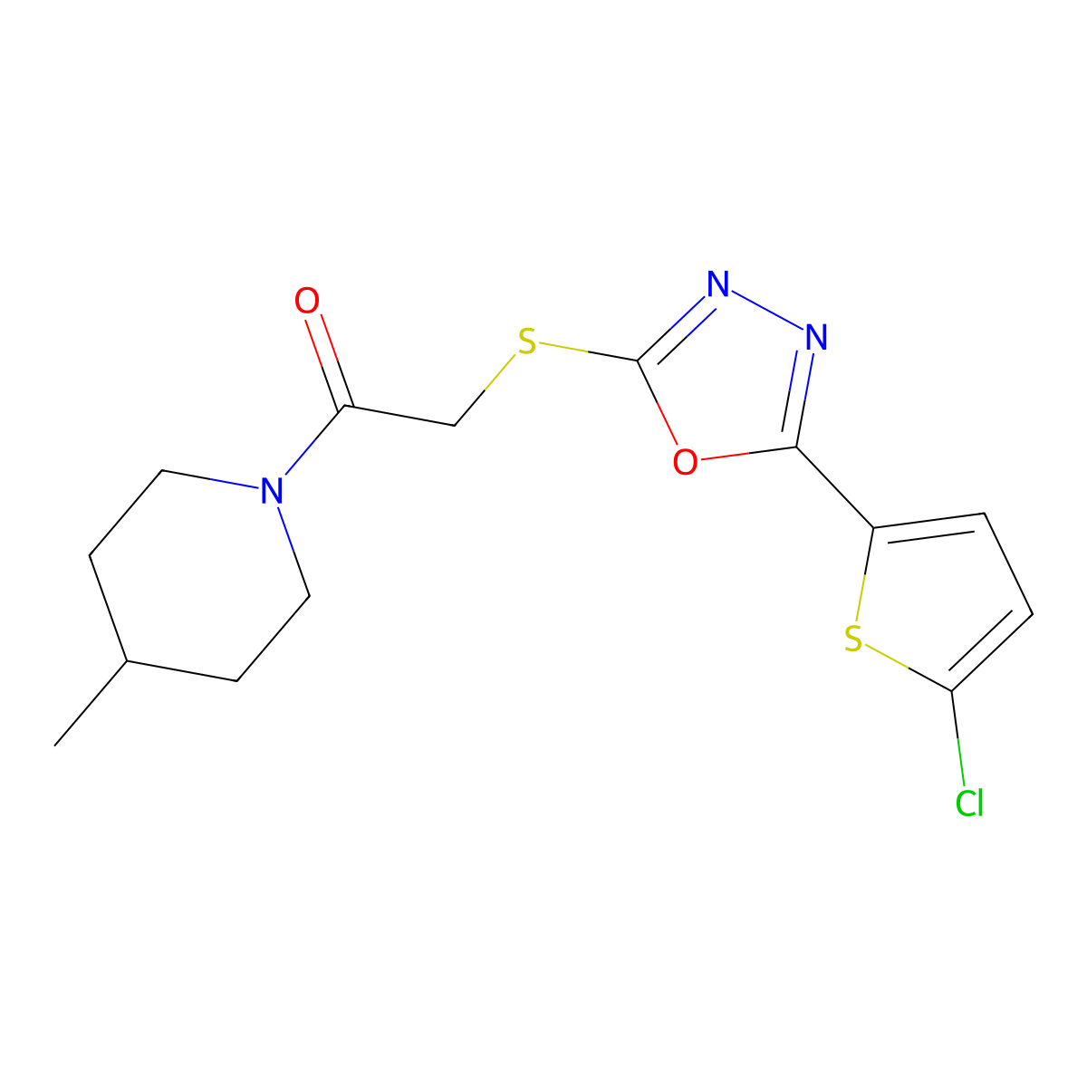 2-((5-(5-Chlorothiophen-2-yl)-1,3,4-oxadiazol-2-yl)thio)-1-(4-methylpiperidin-1-yl)ethanone molecular structure, CAS 688749-57-7