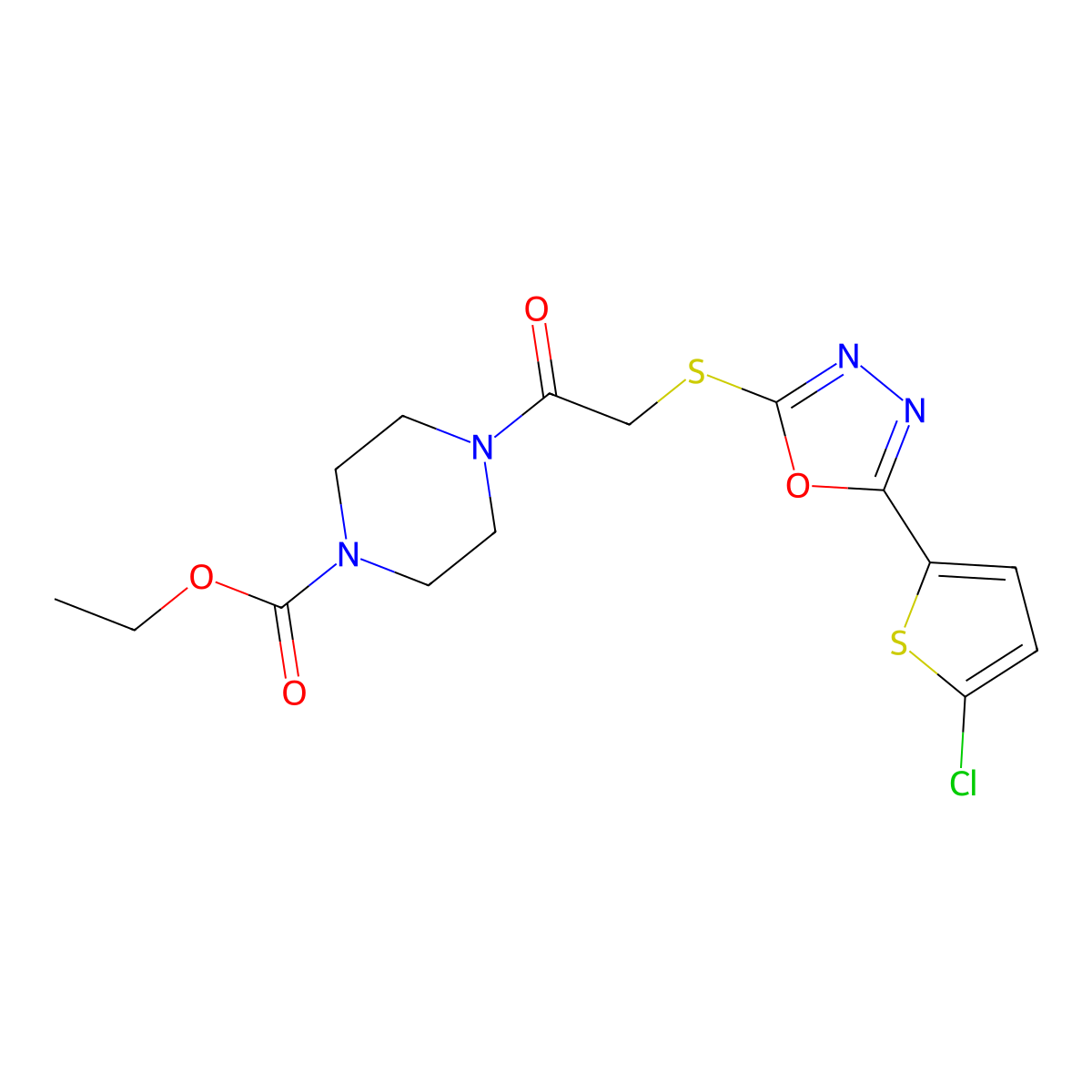 Ethyl 4-({[5-(5-chlorothien-2-yl)-1,3,4-oxadiazol-2-yl]thio}acetyl)piperazine-1-carboxylate molecular structure, CAS 688749-58-8