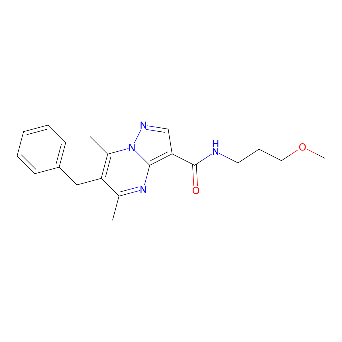6-benzyl-N-(3-methoxypropyl)-5,7-dimethylpyrazolo[1,5-a]pyrimidine-3-carboxamide molecular structure, CAS 688763-14-6