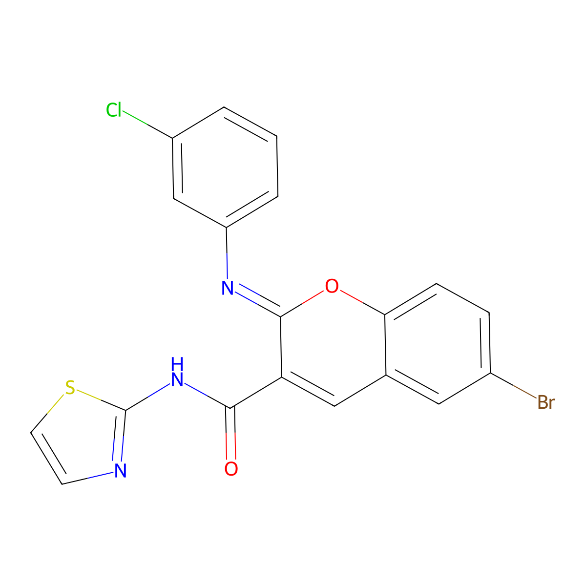 (2Z)-6-bromo-2-[(3-chlorophenyl)imino]-N-(1,3-thiazol-2-yl)-2H-chromene-3-carboxamide molecular structure, CAS 688767-76-2