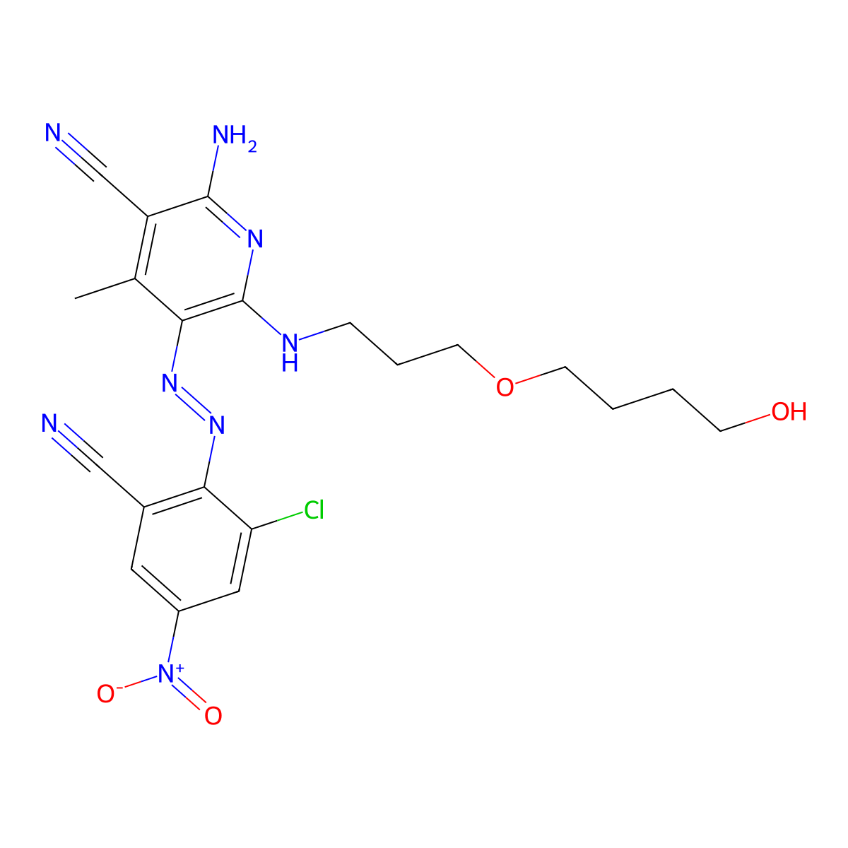3-Pyridinecarbonitrile, 2-amino-5-(2-(2-chloro-6-cyano-4-nitrophenyl)diazenyl)-6-((3-(4-hydroxybutoxy)propyl)amino)-4-methyl- molecular structure, CAS 68877-62-3