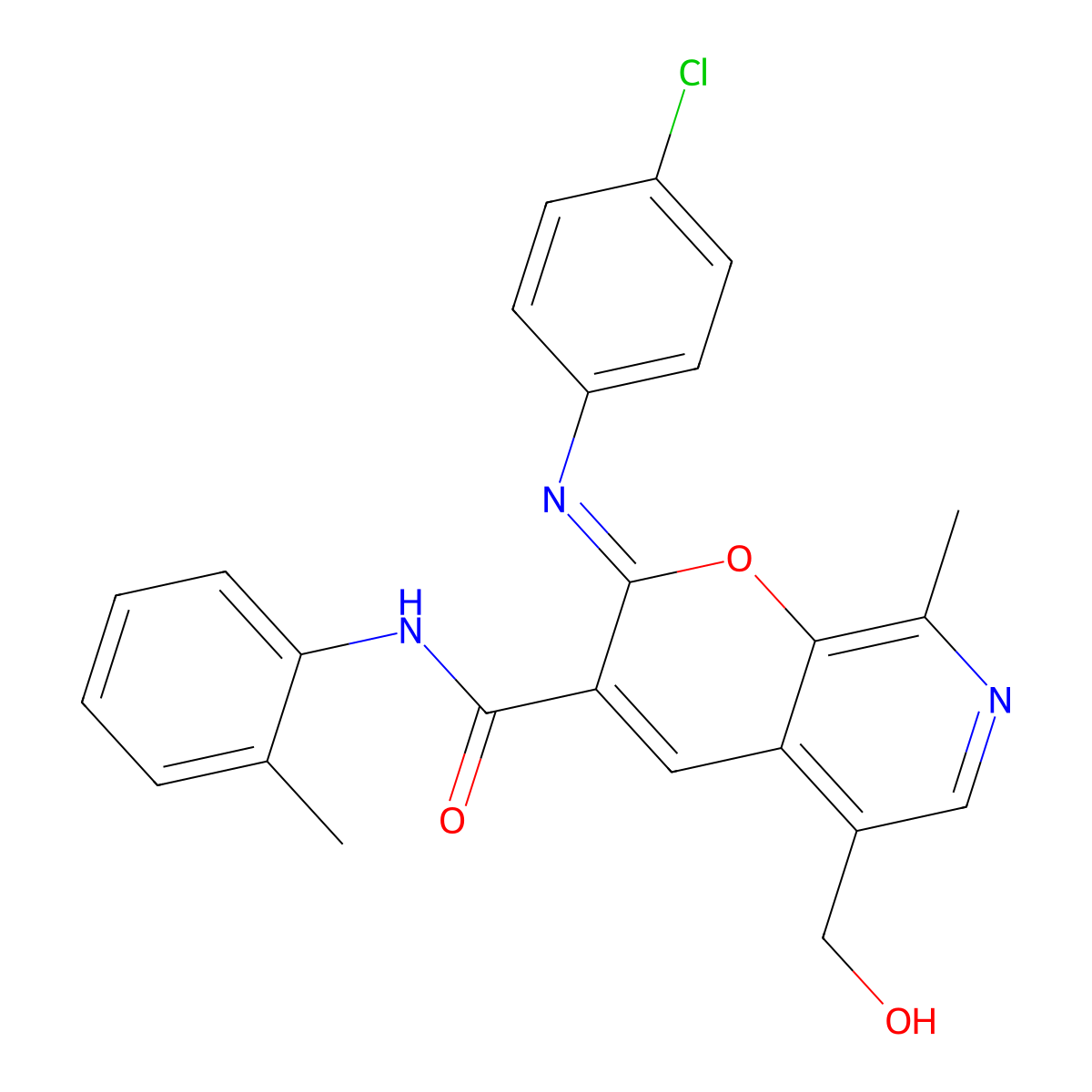 (2Z)-2-[(4-chlorophenyl)imino]-5-(hydroxymethyl)-8-methyl-N-(2-methylphenyl)-2H-pyrano[2,3-c]pyridine-3-carboxamide molecular structure, CAS 688775-24-8