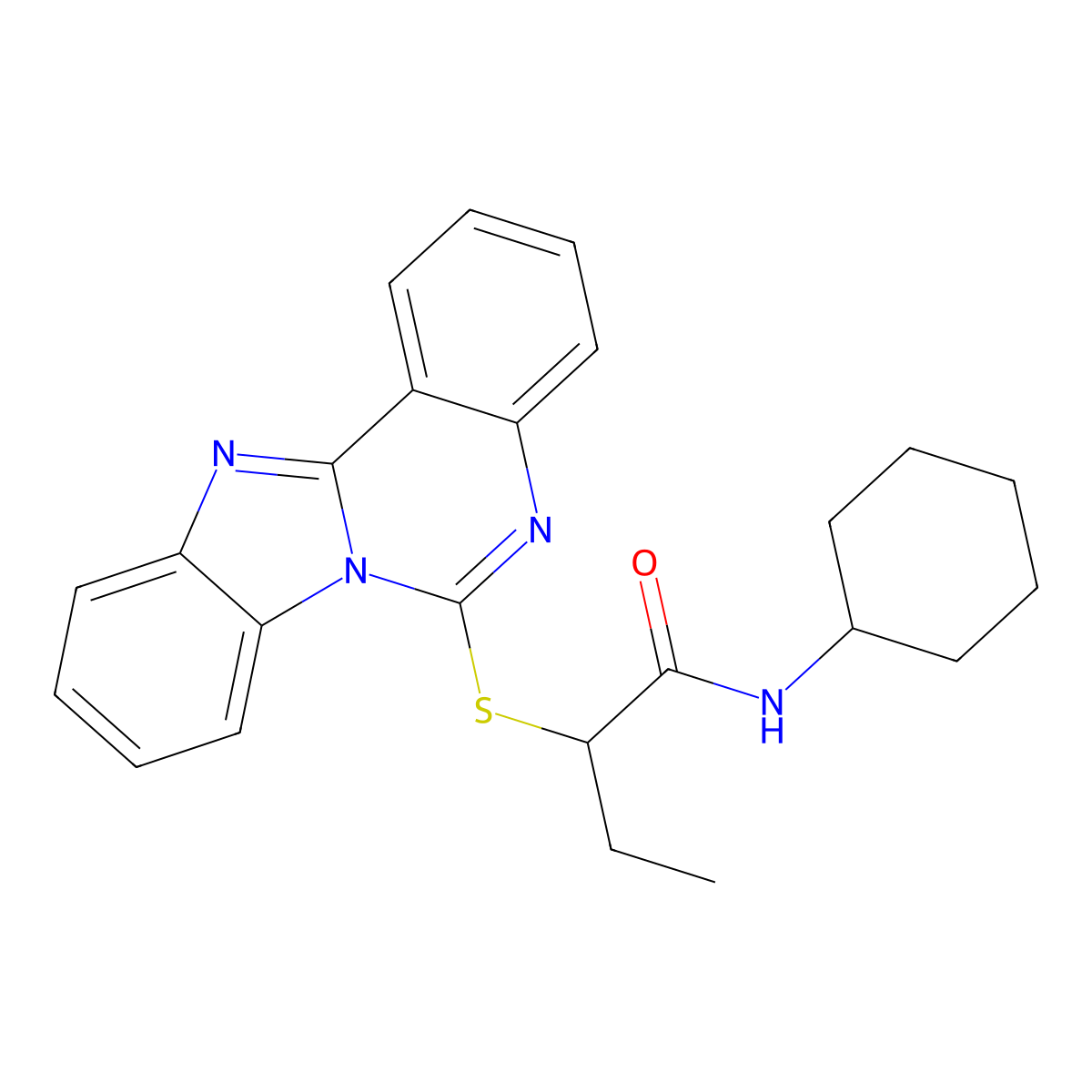 N-cyclohexyl-2-{8,10,17-triazatetracyclo[8.7.0.0^{2,7}.0^{11,16}]heptadeca-1(17),2,4,6,8,11(16),12,14-octaen-9-ylsulfanyl}butanamide molecular structure, CAS 688792-90-7