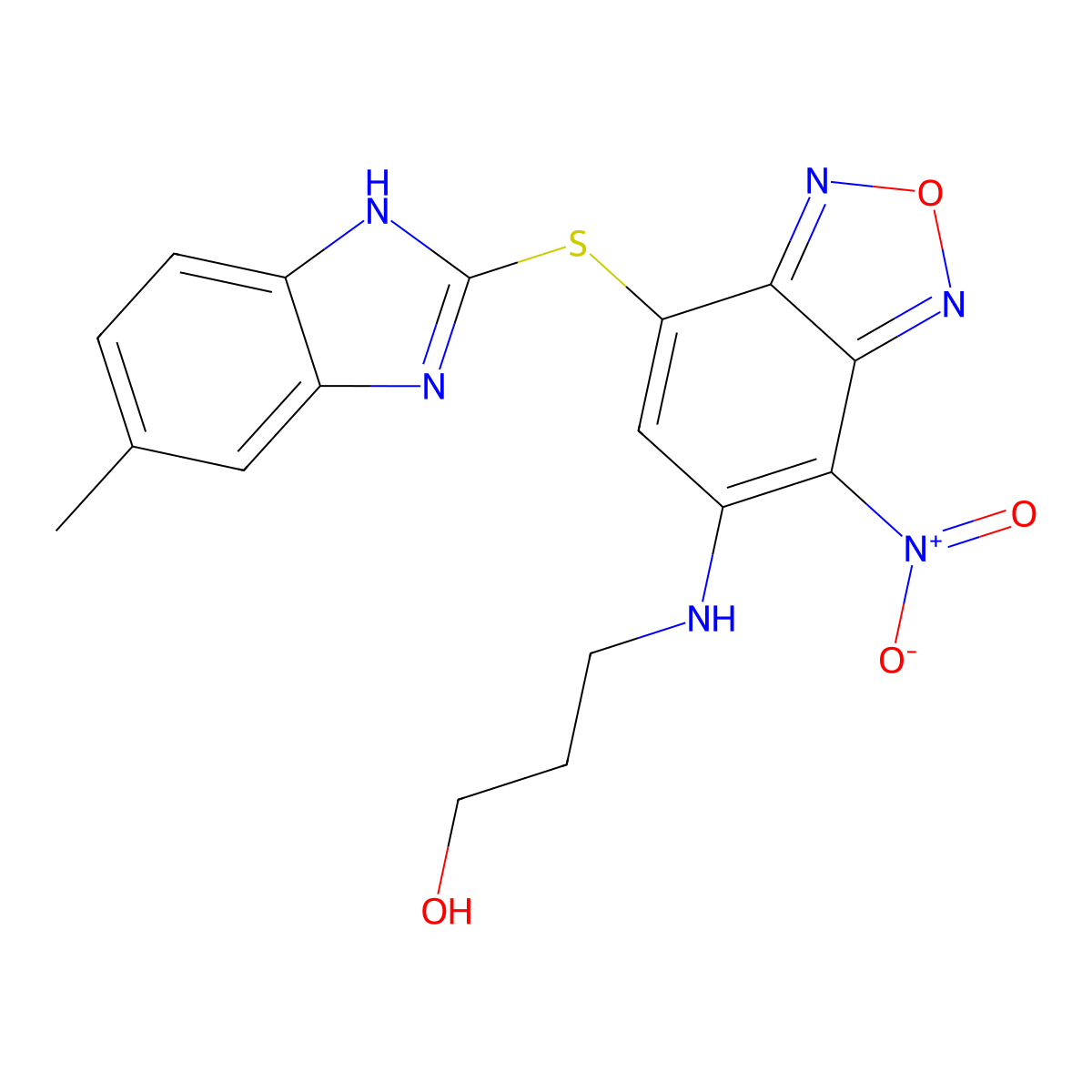 3-((7-((5-methyl-1H-benzo[d]imidazol-2-yl)thio)-4-nitrobenzo[c][1,2,5]oxadiazol-5-yl)amino)propan-1-ol molecular structure, CAS 688794-16-3
