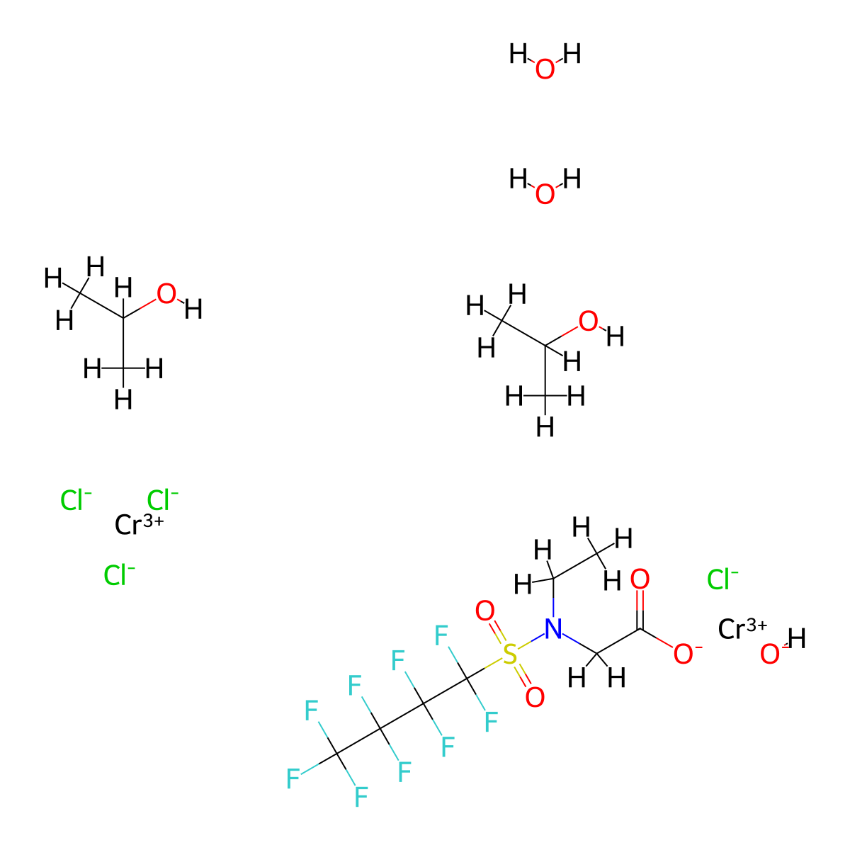 Chromium, diaquatetrachloro(mu-(N-ethyl-N-((1,1,2,2,3,3,4,4,4-nonafluorobutyl)sulfonyl)glycinato-kappaO:kappaO'))-mu-hydroxybis(2-propanol)di- molecular structure, CAS 68900-97-0