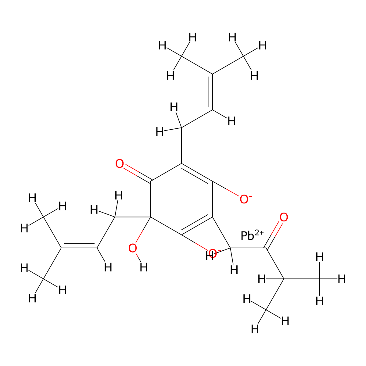 (r)-3,5,6-trihydroxy-4,6-bis(3-methylbut-2-enyl)-2-(3-methyl-2-oxobutyl)cyclohexa-2,4-dien-1-one, lead salt molecular structure, CAS 68901-11-1