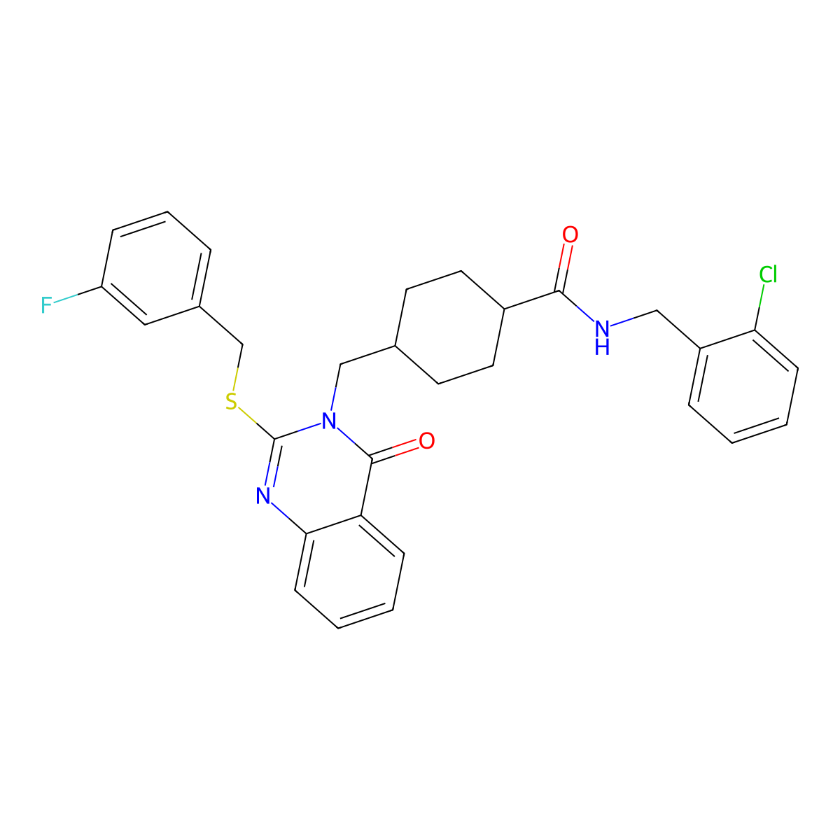 N-(2-chlorobenzyl)-4-((2-((3-fluorobenzyl)thio)-4-oxoquinazolin-3(4H)-yl)methyl)cyclohexanecarboxamide molecular structure, CAS 689226-93-5