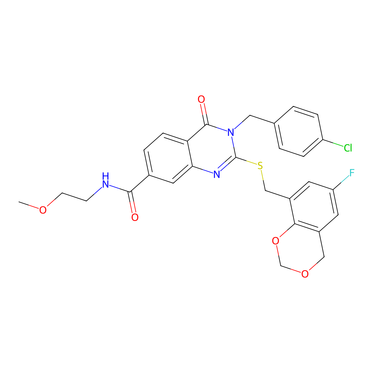 3-[(4-chlorophenyl)methyl]-2-[(6-fluoro-4H-1,3-benzodioxin-8-yl)methylsulfanyl]-N-(2-methoxyethyl)-4-oxoquinazoline-7-carboxamide molecular structure, CAS 689227-07-4