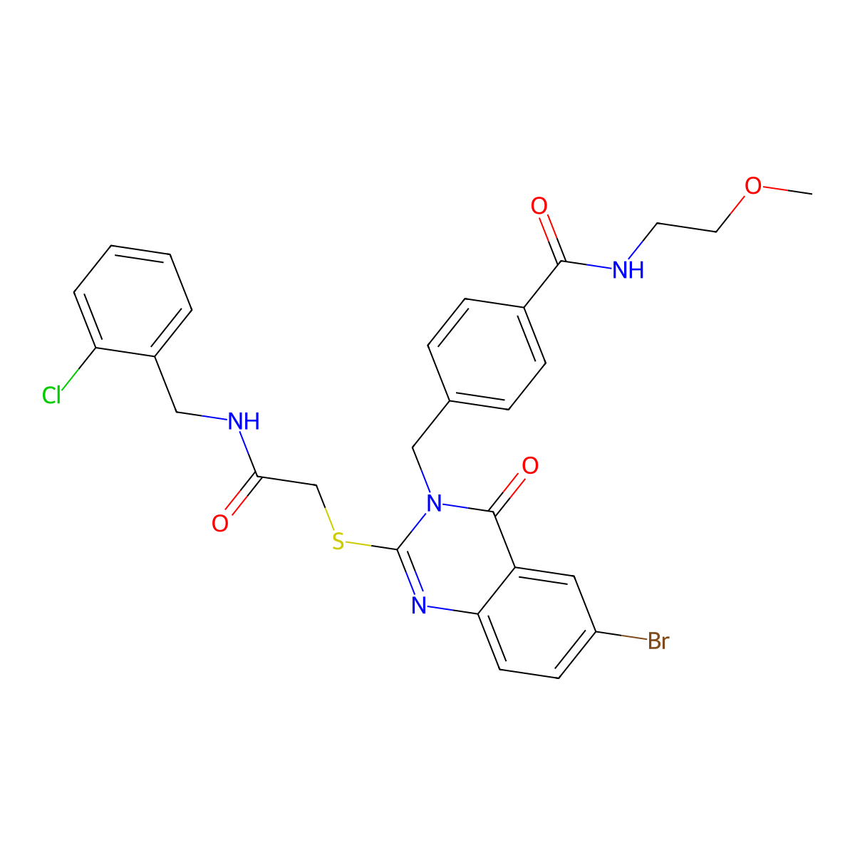 4-({6-bromo-2-[({[(2-chlorophenyl)methyl]carbamoyl}methyl)sulfanyl]-4-oxo-3,4-dihydroquinazolin-3-yl}methyl)-N-(2-methoxyethyl)benzamide molecular structure, CAS 689227-22-3