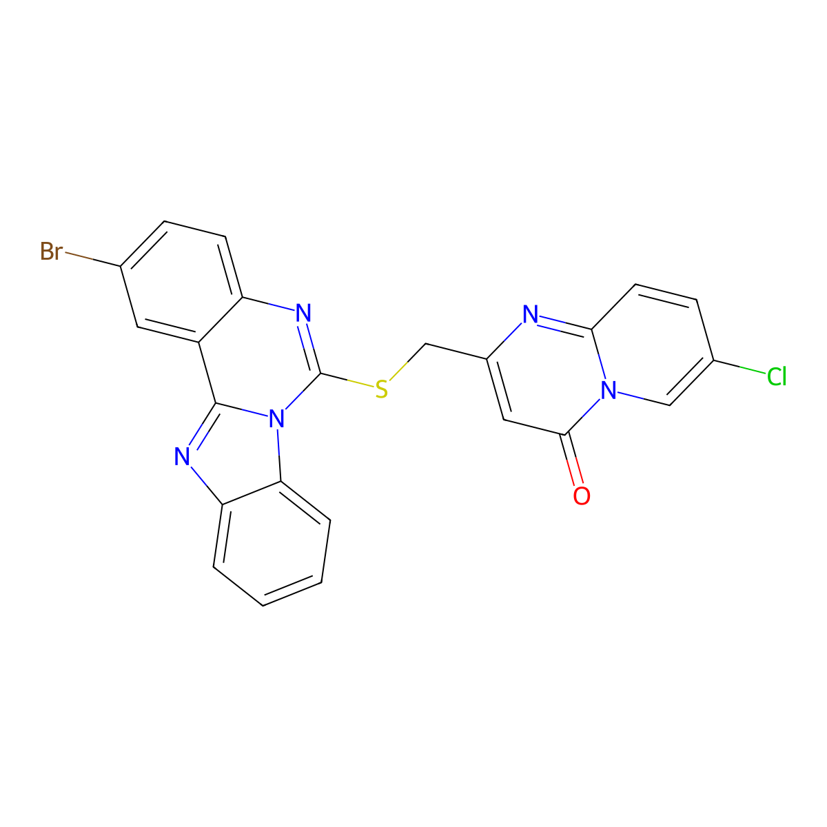 2-[(2-Bromobenzimidazolo[1,2-c]quinazolin-6-yl)sulfanylmethyl]-7-chloropyrido[1,2-a]pyrimidin-4-one molecular structure, CAS 689227-29-0