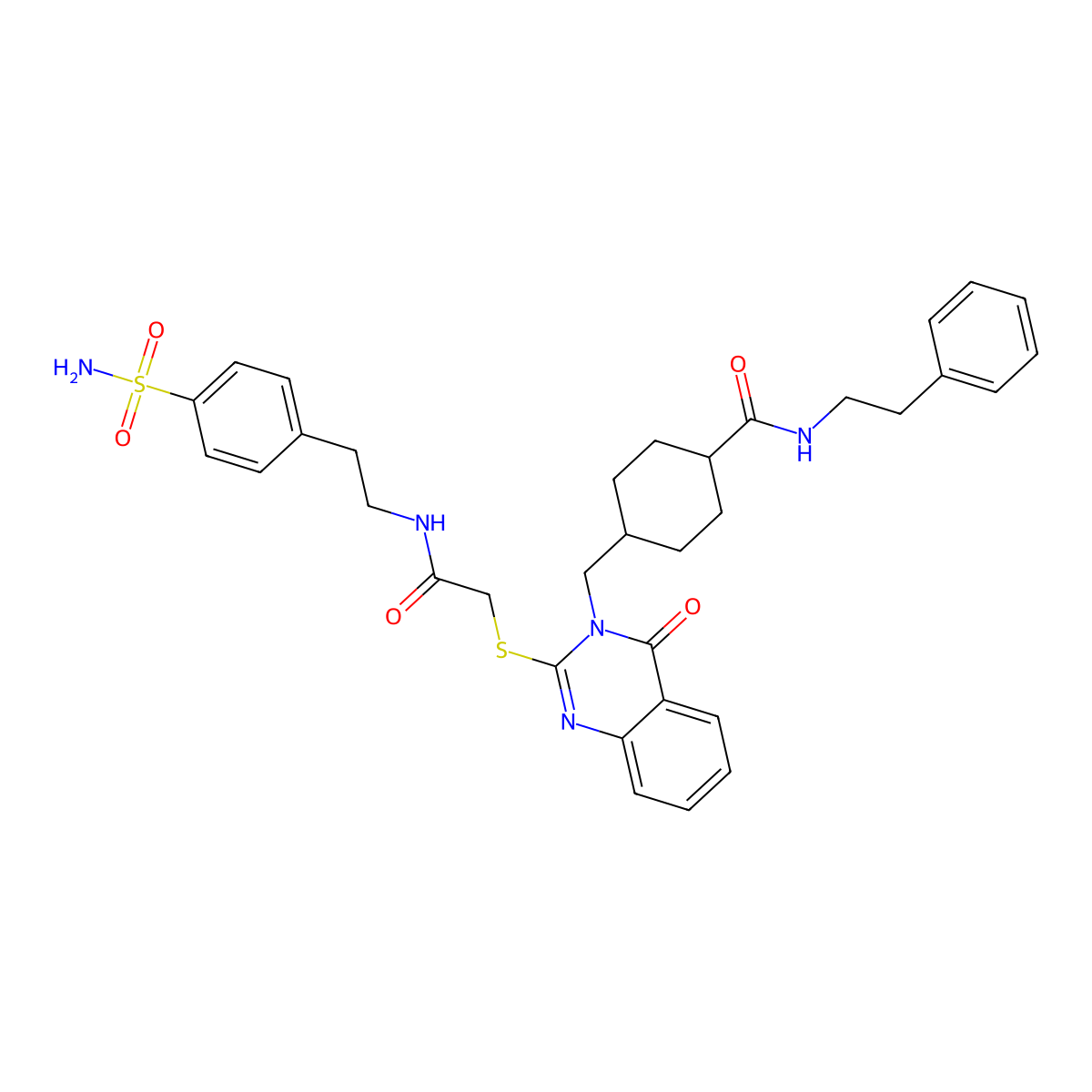 4-((4-oxo-2-((2-oxo-2-((4-sulfamoylphenethyl)amino)ethyl)thio)quinazolin-3(4H)-yl)methyl)-N-phenethylcyclohexanecarboxamide molecular structure, CAS 689227-35-8