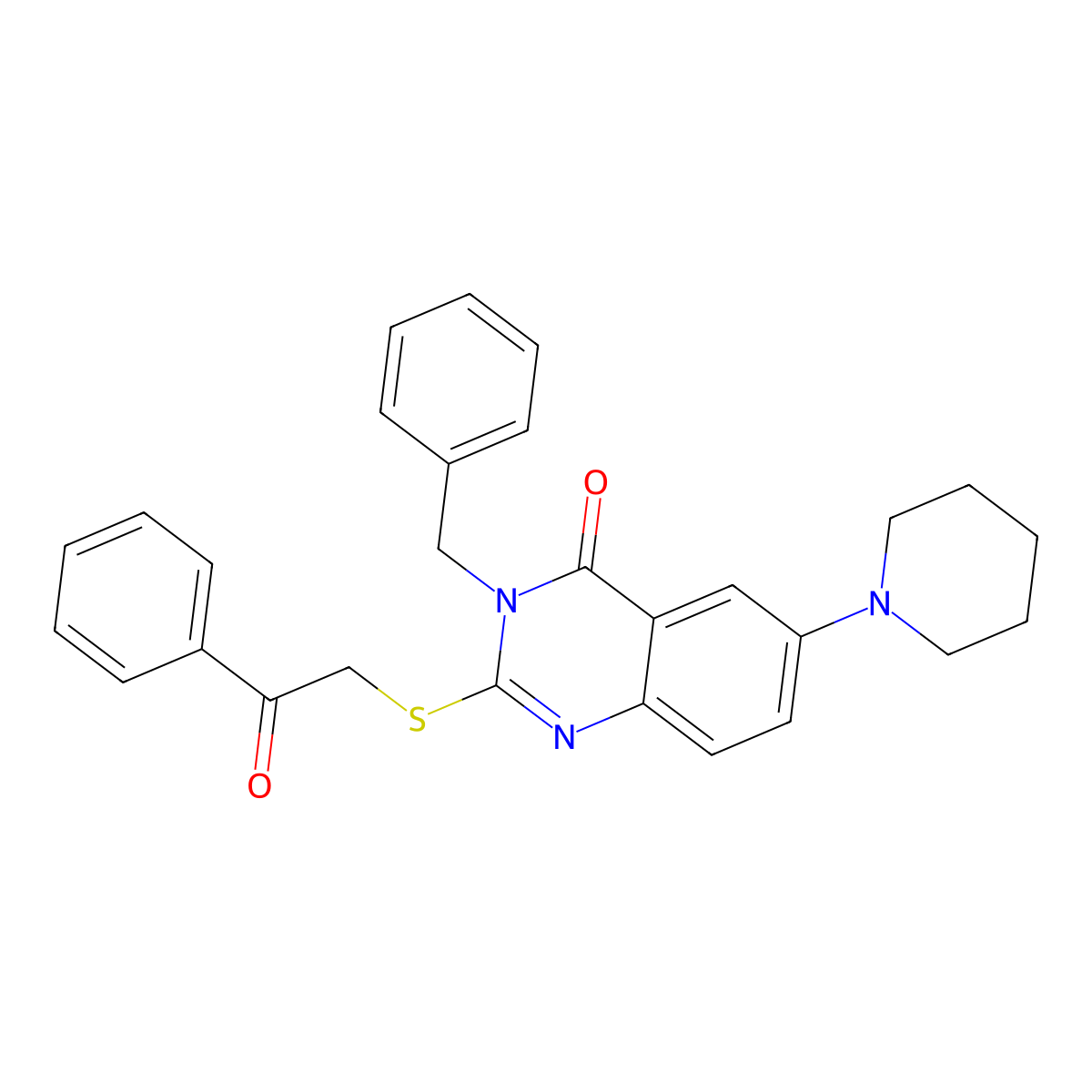 3-Benzyl-2-phenacylsulfanyl-6-piperidin-1-ylquinazolin-4-one molecular structure, CAS 689227-94-9
