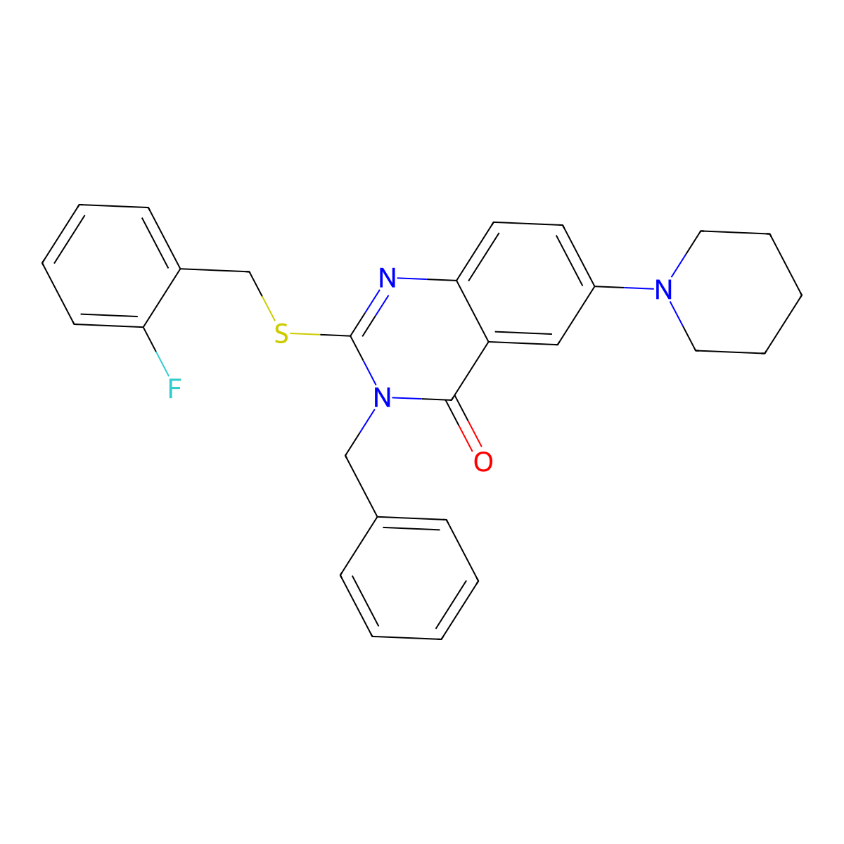 3-Benzyl-2-[(2-fluorophenyl)methylsulfanyl]-6-piperidin-1-ylquinazolin-4-one molecular structure, CAS 689228-00-0