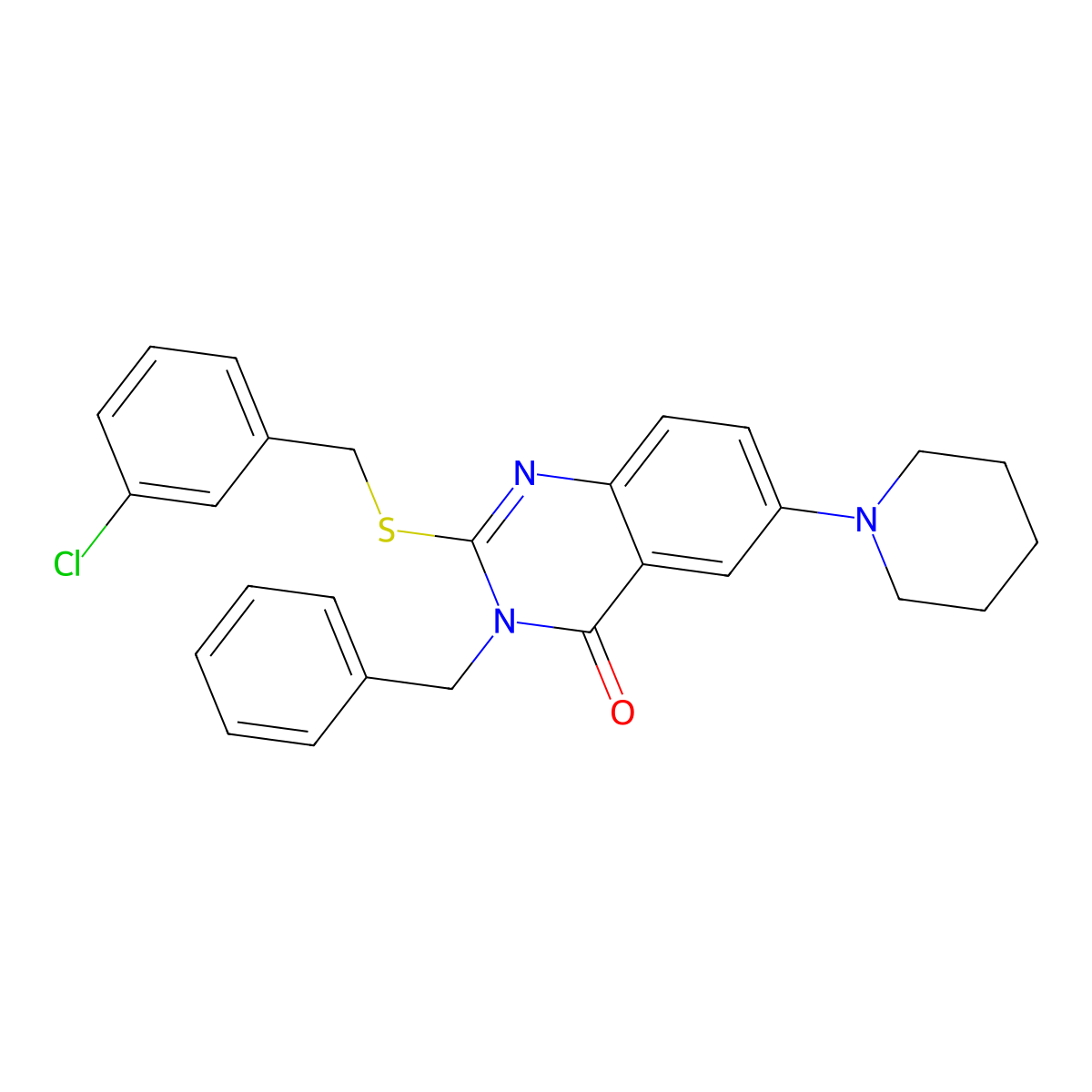 3-Benzyl-2-[(3-chlorophenyl)methylsulfanyl]-6-piperidin-1-ylquinazolin-4-one molecular structure, CAS 689228-01-1