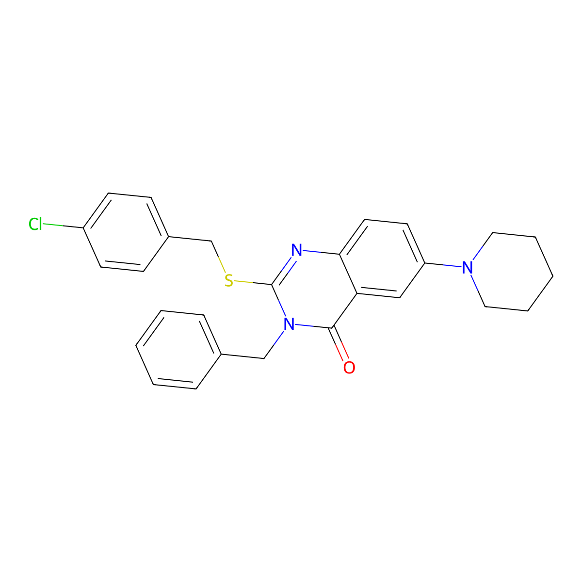 3-Benzyl-2-[(4-chlorophenyl)methylsulfanyl]-6-piperidin-1-ylquinazolin-4-one molecular structure, CAS 689228-02-2