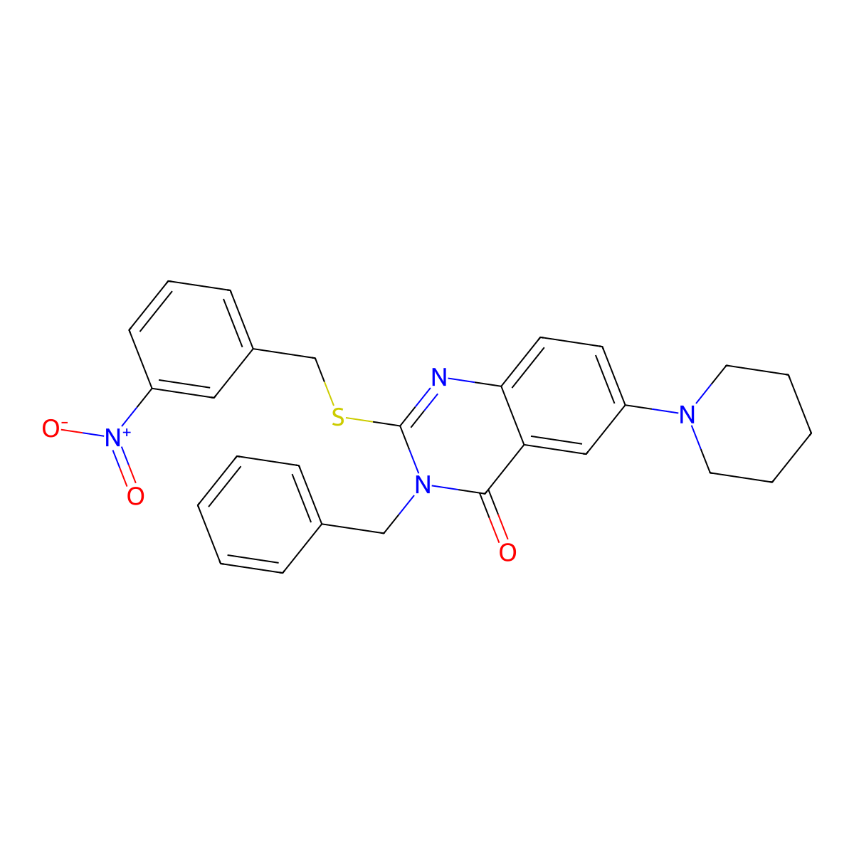 3-Benzyl-2-[(3-nitrophenyl)methylsulfanyl]-6-piperidin-1-ylquinazolin-4-one molecular structure, CAS 689228-03-3