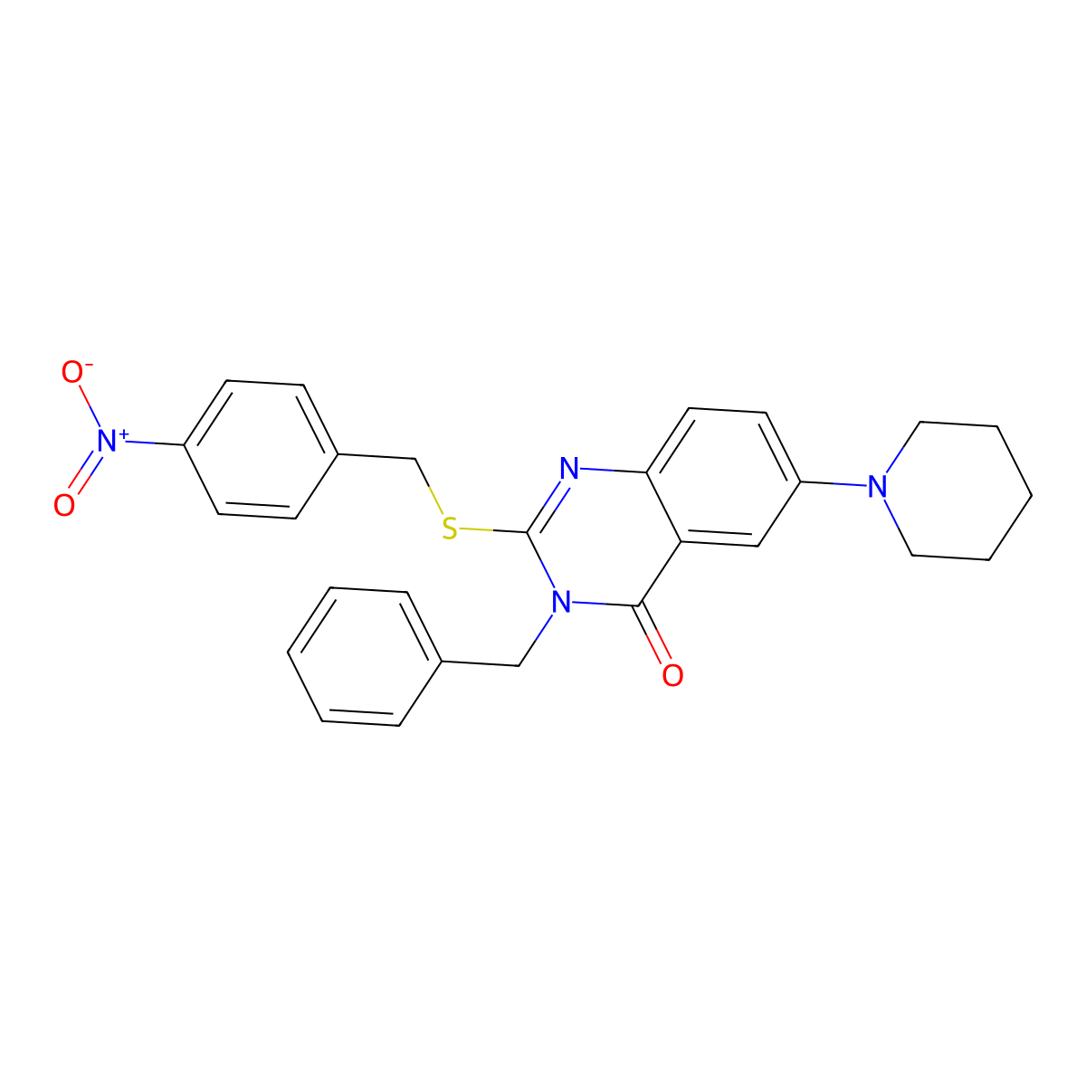 3-Benzyl-2-[(4-nitrophenyl)methylsulfanyl]-6-piperidin-1-ylquinazolin-4-one molecular structure, CAS 689228-04-4