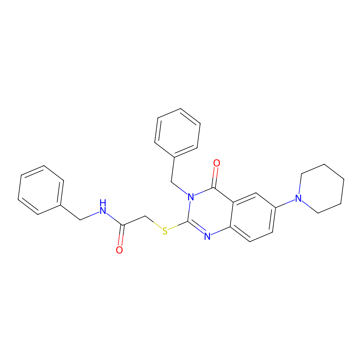 N-benzyl-2-(3-benzyl-4-oxo-6-piperidin-1-ylquinazolin-2-yl)sulfanylacetamide molecular structure, CAS 689228-10-2