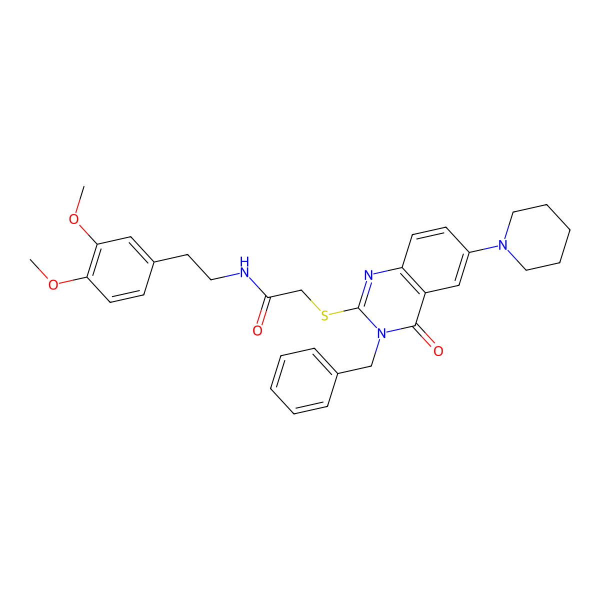 2-((3-benzyl-4-oxo-6-(piperidin-1-yl)-3,4-dihydroquinazolin-2-yl)thio)-N-(3,4-dimethoxyphenethyl)acetamide molecular structure, CAS 689228-13-5